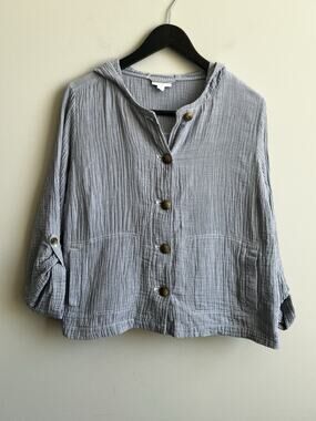 J JILL Blue & White Striped 100% Cotton Hooded Jacket M EUC Lagenlook